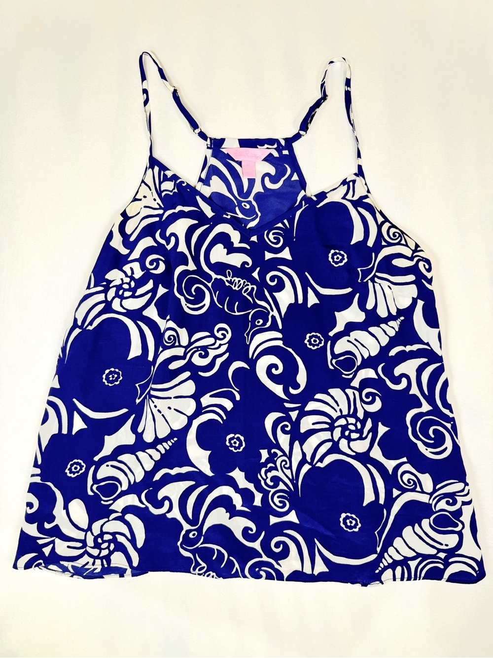 Lilly Pulitzer 100% Silk Blue White Seashell Print Swing Cami Tank Top M